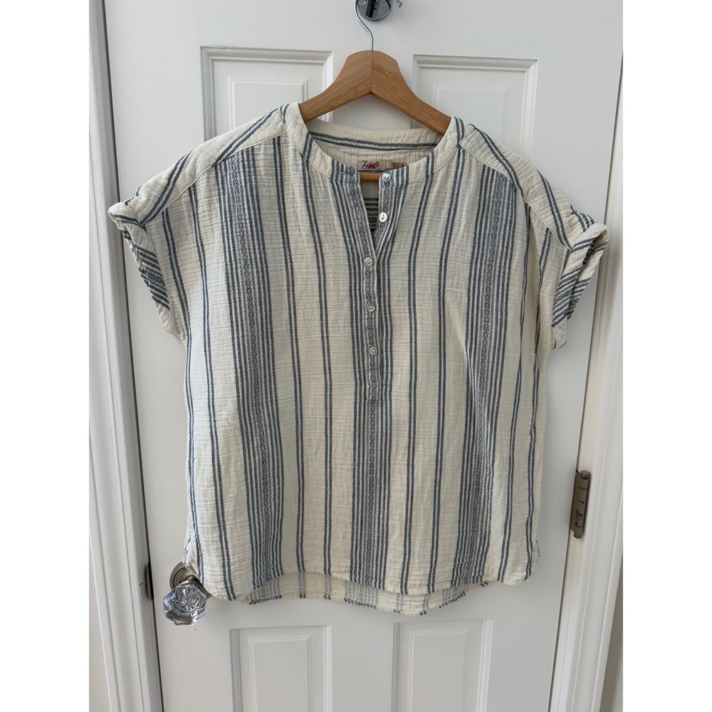 Faherty Dream Cotton Gauze Desmond Top Stripe Cream Blue Short Sleeve Size S